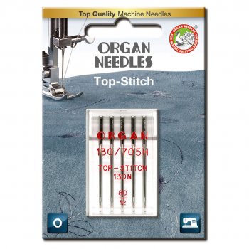 Ett paket med Organ Top Stitch nålar i grovlek 80